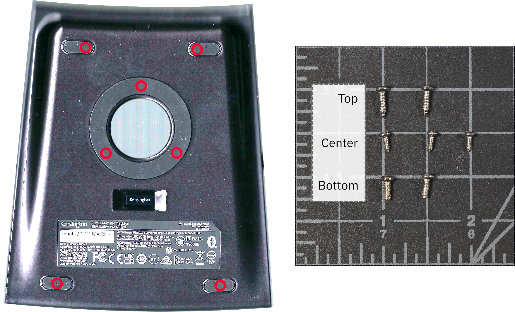 Bottom of the SlimBlade Pro with the rubber feet removed, red circles marking the case screws, alongside a chart of the top, center, and bottom screw lengths