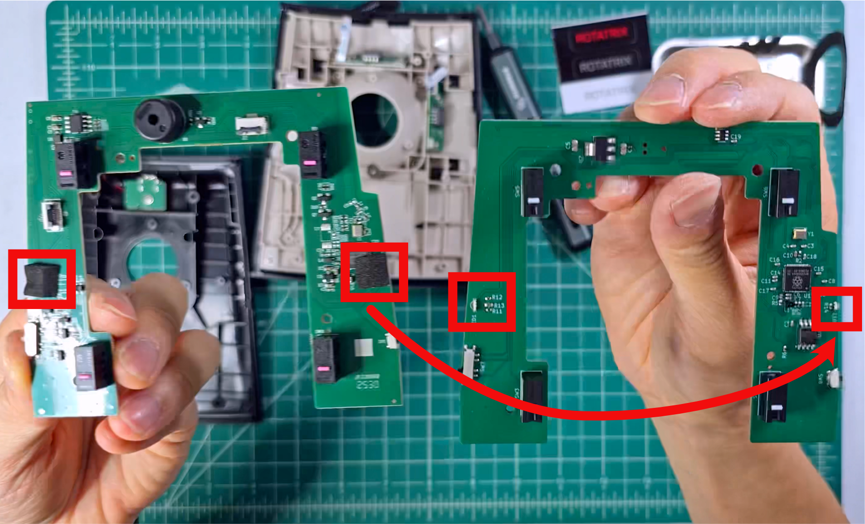 The original board and the Rotatrix board side by side, with the foam LED baffles highlighted and an arrow showing where they transfer