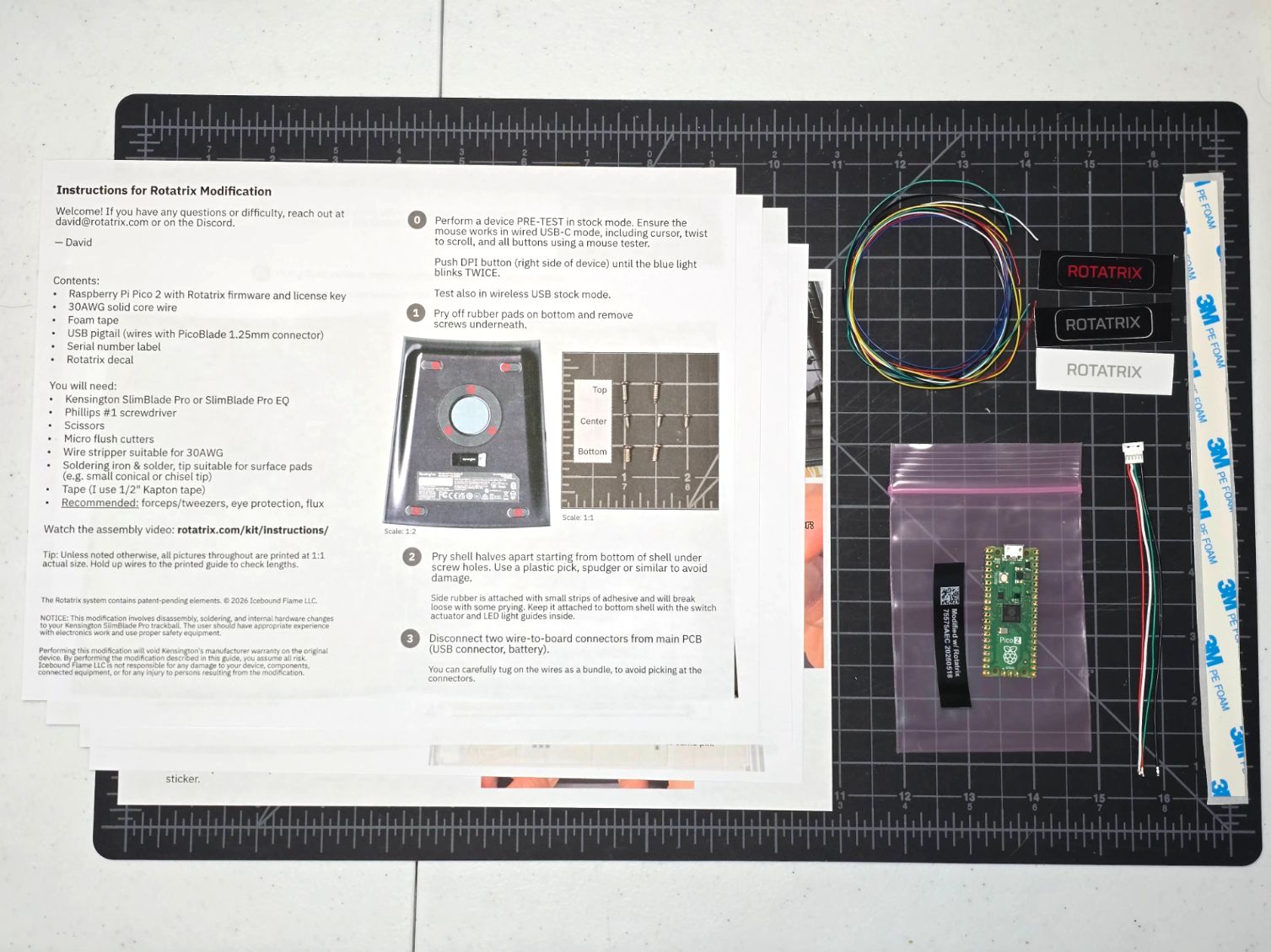 Contents of the Rotatrix Hybrid kit — the add-on controller board, hookup wire, pre-crimped connector, foam tape, and labels