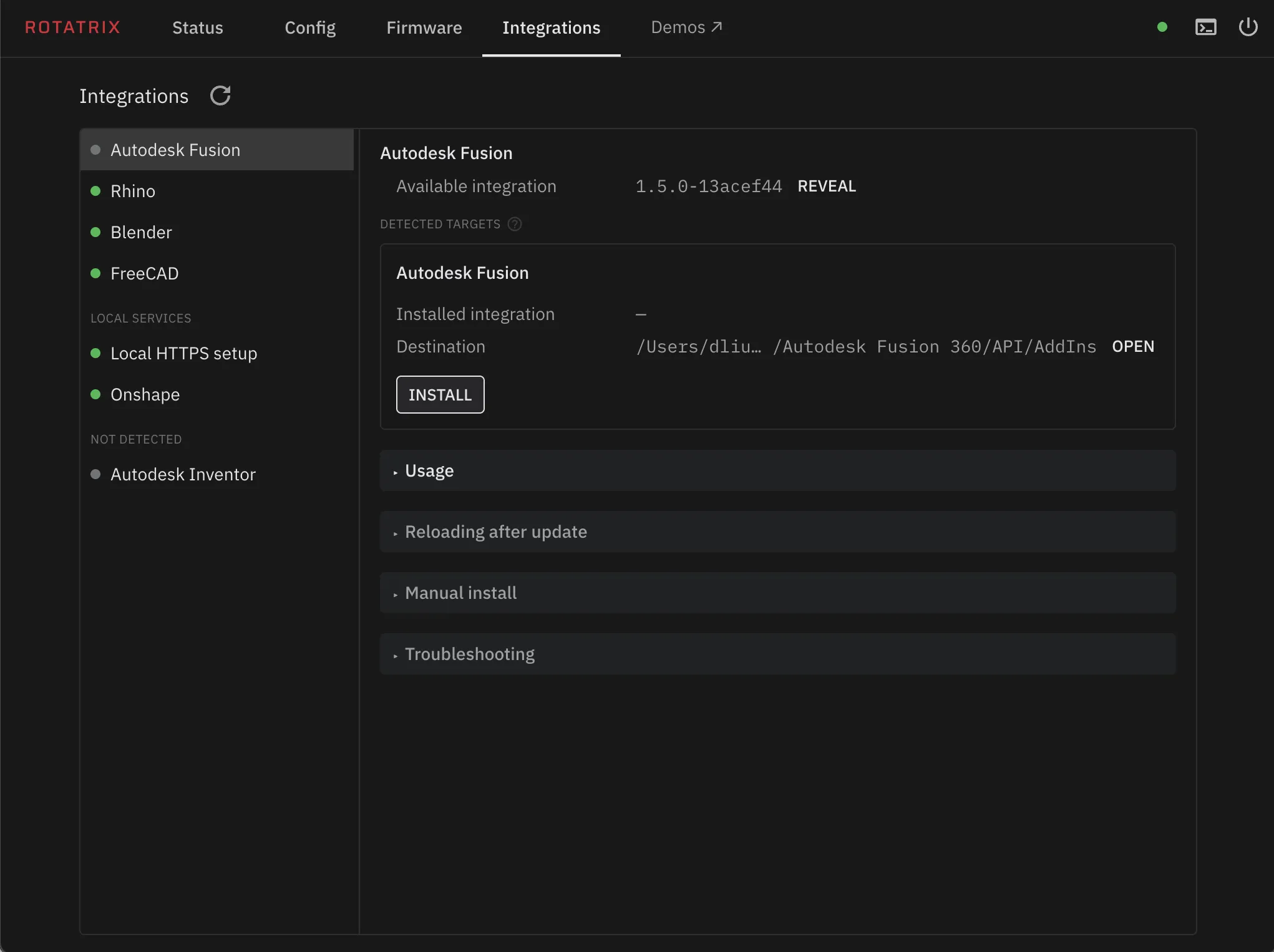 Rotatrix integration manager — the Integrations tab listing detected 3D apps with a one-click Install button for the Autodesk Fusion plugin
