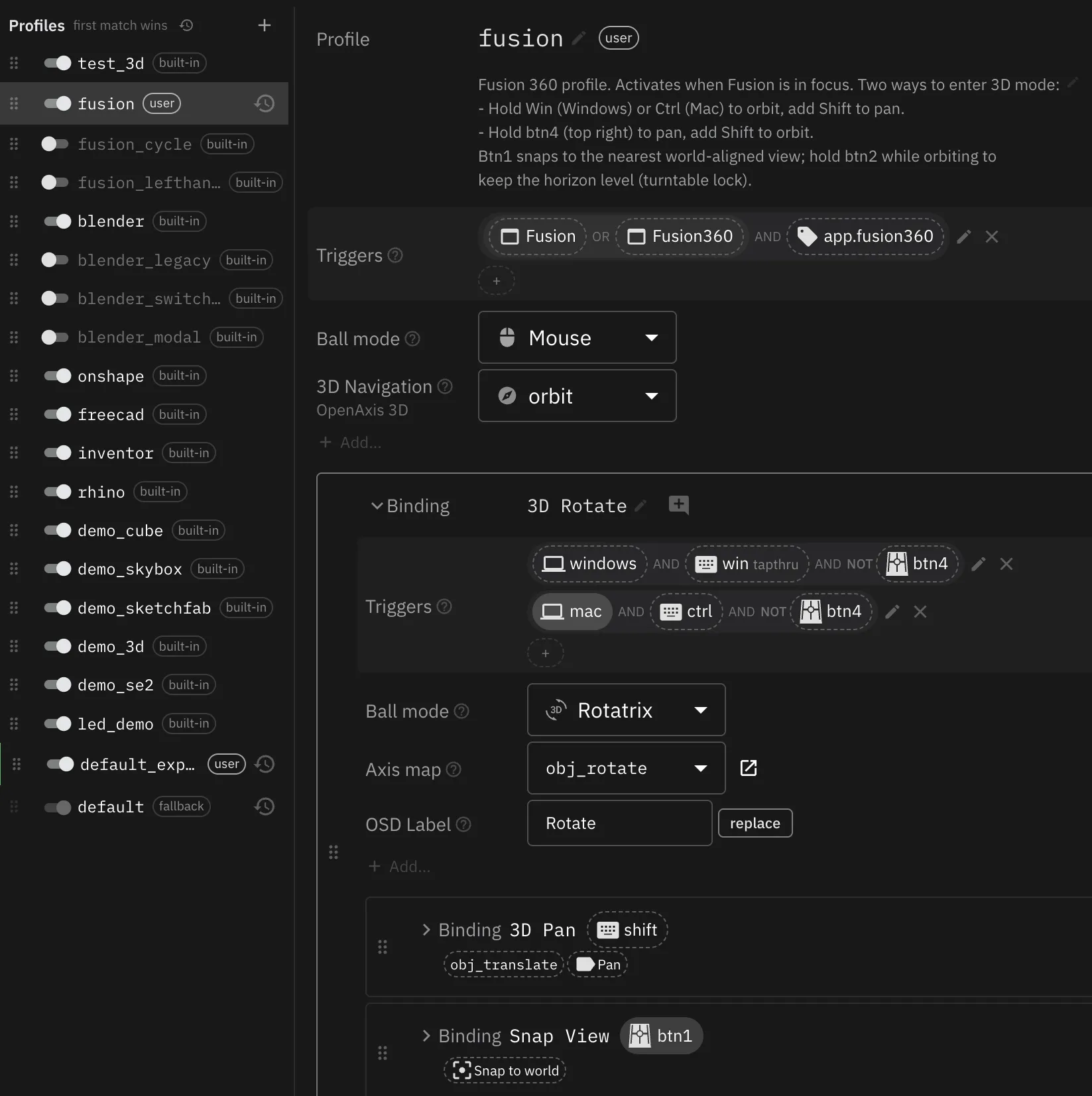 Rotatrix Profiles & Bindings editor showing the fusion profile — its app triggers, Mouse ball mode with orbit 3D navigation, and nested bindings for 3D Rotate, 3D Pan, Snap View, and Turntable Lock