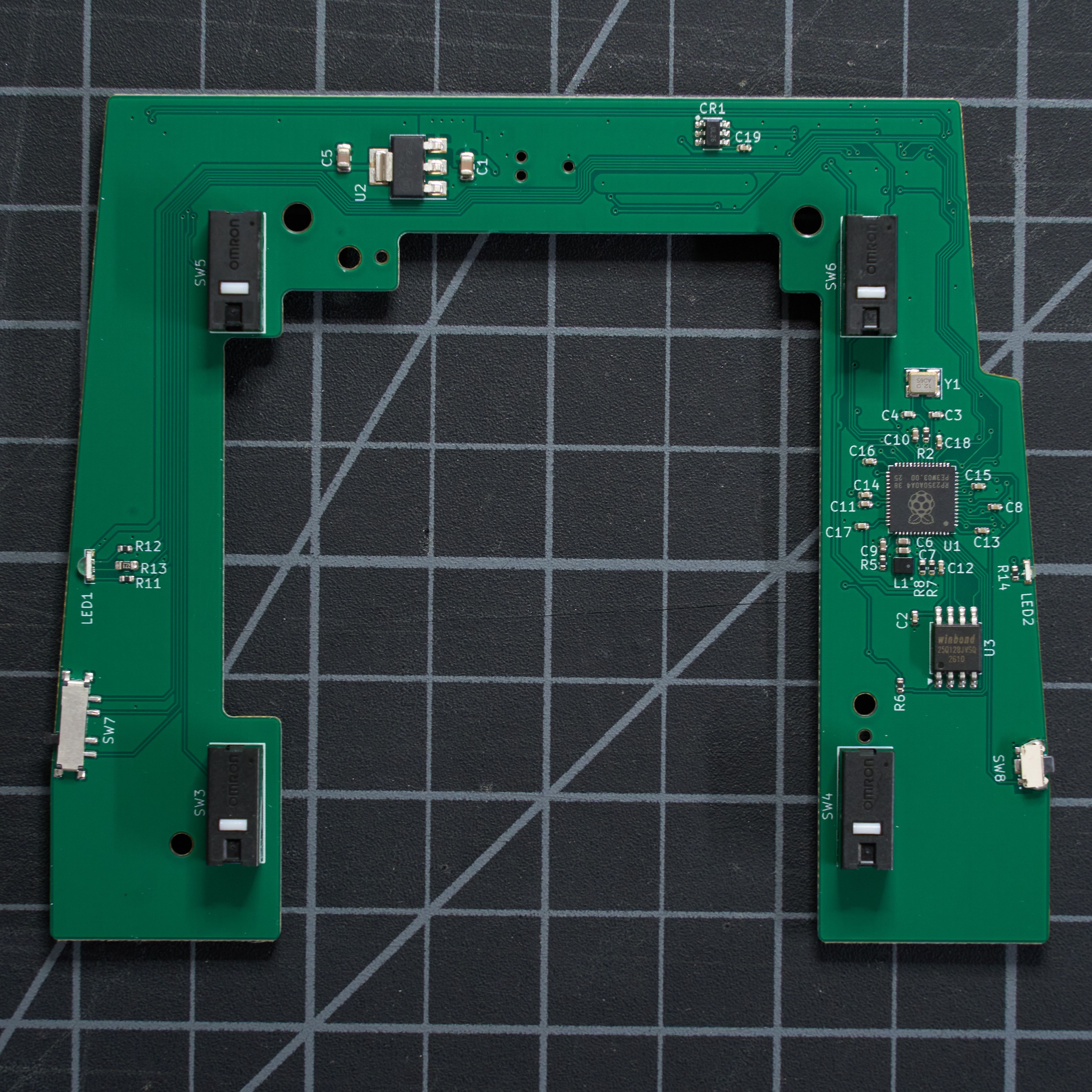 The Rotatrix Wired board, component side, showing the controller, switches, and connectors